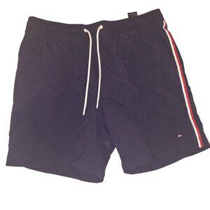 Tommy Hilfiger Mens Navy Swim Trunks Mesh Lining XL Red & White Stripe Y2K